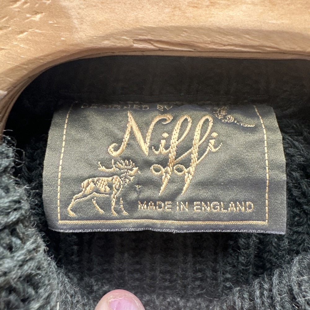 Niffi Made In England Ribbed Knit Sweater Olive Suede Elbow Shoulder Patches L - Picture 3 of 8